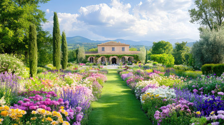 A stunning flower garden featuring a charming house surrounded by vibrant blooms and lush greenery under a blue sky with fluffy clouds.の素材