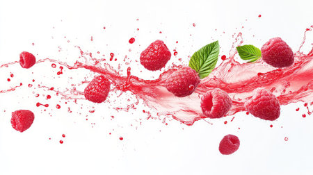 A captivating image features a splash of fresh raspberries with water droplets, emphasizing vibrant colors and dynamic movement that captures the essence of freshness and vitality. Perfect for health-related themes.の素材