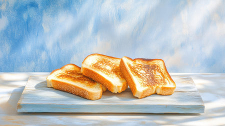 This image features perfectly toasted slices of bread arranged on a rustic wooden board, set against a soft blue background, ideal for food-related themes.の素材