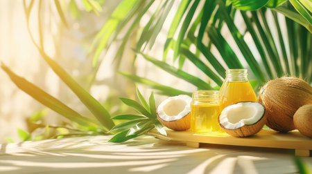 This vibrant image showcases fresh coconut milk and oil in glass jars, surrounded by coconut shells and tropical leaves, perfect for cooking or beauty products.の素材