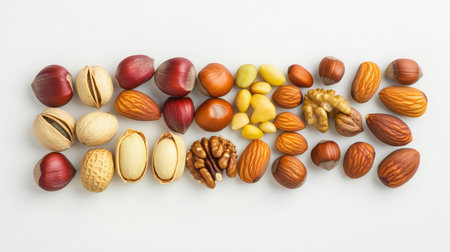 An enticing display of mixed nuts and seeds on a clean white background, showcasing a variety of textures and colors perfect for healthy eating and snacking.の素材