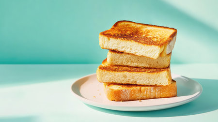 A beautiful presentation of toasted bread slices stacked neatly on a plate, showcasing golden crusts against a bright blue background, perfect for food enthusiasts.の素材