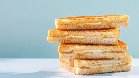A stack of freshly toasted bread slices resting on a clean surface against a soft blue backdrop. Ideal for culinary themes and breakfast inspirations.の素材