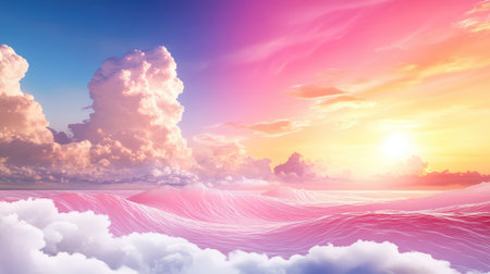A stunning portrayal of a vibrant sunset illuminating fluffy clouds over gentle ocean waves, creating a dreamlike atmosphere full of tranquility and beauty.の素材