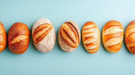 This image showcases an assortment of freshly baked artisan breads, beautifully arranged on a turquoise background. Perfect for culinary inspiration.の素材