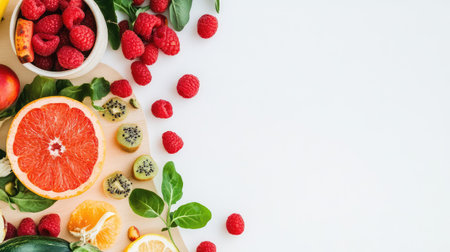 A vibrant arrangement featuring fresh fruits like raspberries, grapefruit, and kiwi alongside leafy greens, perfect for promoting healthy eating and nutrition.の素材