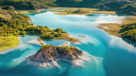 Stunning aerial view of a pristine blue lake surrounded by lush greenery and mountains, showcasing the tranquil beauty of nature under a clear sky.の素材