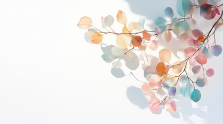 A beautiful composition featuring delicate and colorful leaves casting gentle shadows on a clean white background, ideal for artistic and design projects.の素材