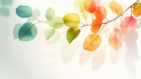 Beautiful arrangement of colorful translucent leaves casting soft shadows on a white background, evoking a sense of calm and organic beauty for projects.の素材