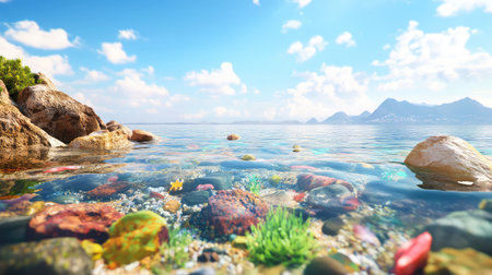 A stunning coastal scene featuring clear blue water, vibrant underwater vegetation, and colorful rocks, evoking peace and natural beauty in a sunny landscape.の素材