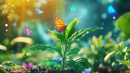 A breathtaking scene depicting a vibrant green plant adorned with colorful butterflies, shimmering with dewdrops, set in a peaceful natural environment filled with soft light.の素材