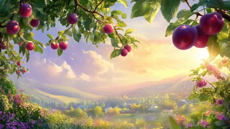 A stunning countryside view featuring rolling hills and vibrant plum trees under a colorful sunset. Perfect for themes of nature and tranquility.の素材