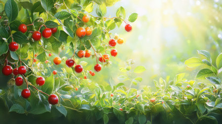 This vibrant image depicts cherry branches laden with ripening fruits, surrounded by lush green leaves, illuminated by gentle sunlight, evoking a tranquil and refreshing feel.の素材