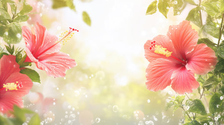This enchanting image features delicate pink hibiscus flowers adorned with water droplets, set against a soft light background with green leaves, evoking a tranquil and refreshing atmosphere.の素材