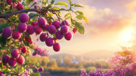 A close-up of a plum tree branch laden with ripe fruits, set against a stunning sunset landscape. The vibrant colors create a serene and beautiful atmosphere.の素材
