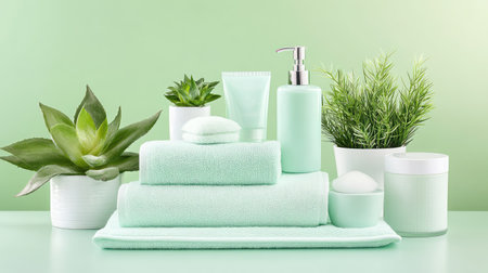 Discover a serene arrangement of soft mint towels, skincare products, and lush plants, perfect for creating a soothing bathroom atmosphere and a sense of wellness.の素材