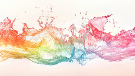 Stunning image showcasing a vibrant splash of water in rainbow colors, capturing artistic fluid motion against a light background, perfect for design use.の素材