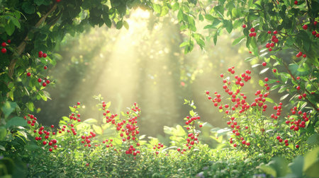 A serene garden scene features radiant sunlight filtering through lush green foliage, highlighting vibrant red berries amid natureの素材