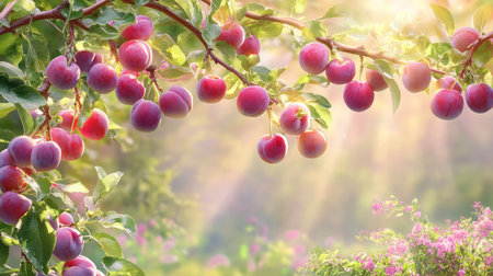This enchanting image captures a branch of vibrant plums bathed in soft sunlight, highlighting the beauty of nature in a tranquil garden setting.の素材