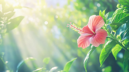 A striking pink hibiscus flower stands out under gentle sunlight, surrounded by lush green leaves. This vibrant image conveys nature's beauty and tranquility.の素材