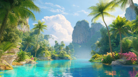 Discover a breathtaking tropical paradise featuring vibrant greenery, clear blue water, and majestic mountains, perfect for relaxation and adventure in nature.の素材