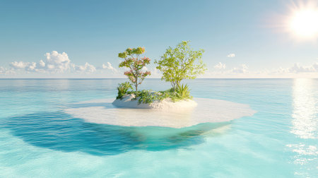 Discover a tranquil tropical island featuring vibrant trees surrounded by crystal-clear waters under a bright blue sky, perfect for relaxation and escape.の素材