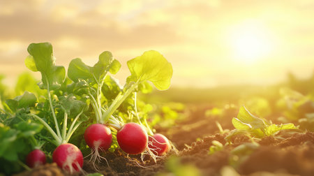 A close-up view of vibrant red radishes growing in rich dark soil under a beautiful golden sunrise light, showcasing the vitality of nature and harvest.の素材