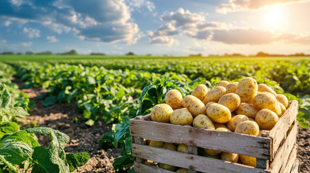 A wooden crate filled with freshly harvested potatoes rests in a lush green farm field under a bright sky, showcasing the essence of agriculture and nature's bounty.の素材