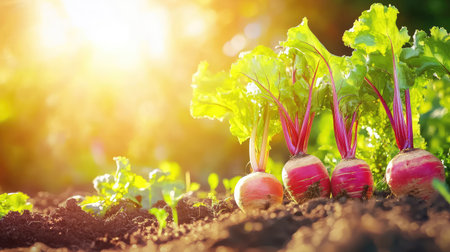 Bright and vivid radishes growing in rich soil capture the essence of healthy gardening. The warm sunlight creates a beautiful backdrop, highlighting nature.の素材