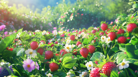 A serene view of a strawberry field, teeming with ripe red fruits and vibrant wildflowers, basking in bright sunlight, evoking a sense of summer bliss.の素材