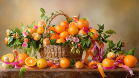 This stunning still life features a basket overflowing with bright oranges, adorned with colorful ribbons and flowers, creating a cheerful, rustic atmosphere.の素材