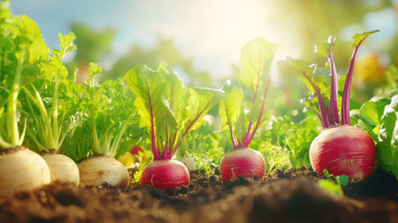 A picturesque view of fresh vegetables thriving in a garden bathed in bright sunlight. The vibrant red and green leaves emerge from rich earth, showcasing nature's beauty and the essence of healthy living. Perfect for gardening and farming themes.の素材