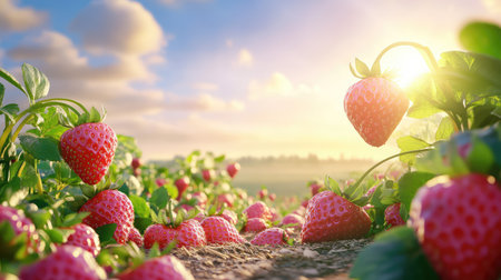 A stunning view of a strawberry field illuminated by a beautiful sunrise. Lush green leaves surround vibrant red strawberries, creating a fresh and colorful scene.の素材