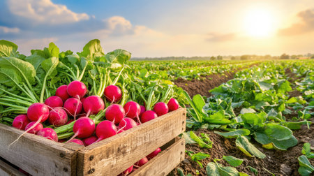 A wooden crate filled with fresh radishes captures the essence of agriculture during sunset, showcasing a vibrant landscape and healthy produce.の素材