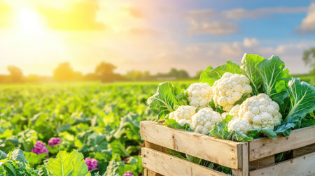A vibrant scene showcasing freshly harvested cauliflower in a rustic wooden crate with a stunning sunset illuminating lush green fields. Perfect for nature enthusiasts!の素材