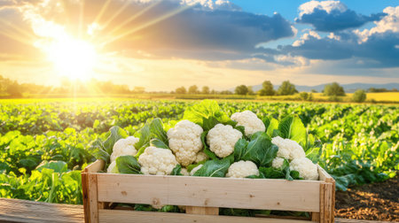 A bountiful crate of fresh cauliflower sits in a vibrant field, illuminated by the warm sunlight and dramatic clouds, showcasing agricultural beauty.の素材