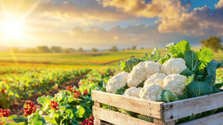 A picturesque scene showcasing a wooden crate filled with freshly harvested cauliflower, set against a beautiful sunrise illuminating green fields and a vibrant sky.の素材