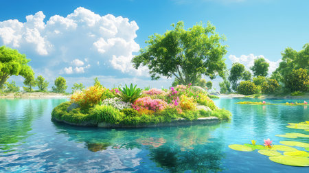 A picturesque tropical island showcases vivid flora surrounded by serene waters under a bright blue sky with fluffy clouds, highlighting natural beauty.の素材