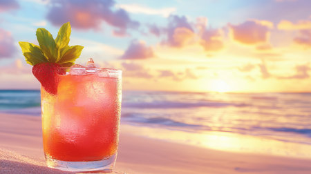 Enjoy a vibrant tropical cocktail featuring fresh strawberry and mint, set against a stunning sunset at the beach. Perfect for summer vibes!の素材