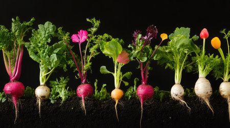 A stunning arrangement of radishes and carrots emerging from rich soil, showcasing vibrant colors against a black background, perfect for food lovers.の素材