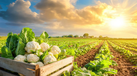 A beautiful scene of freshly harvested cauliflower neatly arranged in a wooden crate, surrounded by lush green fields under a stunning sunset sky.の素材