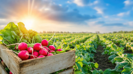 A vibrant image featuring freshly harvested radishes in a rustic wooden crate, set against a lush green field and bright sunrise. Perfect for agricultural themes.の素材