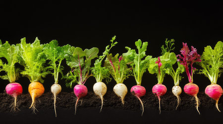 A stunning display of fresh radishes and greens in various colors against a black background. Ideal for culinary projects, nutrition themes, or organic farming concepts.の素材
