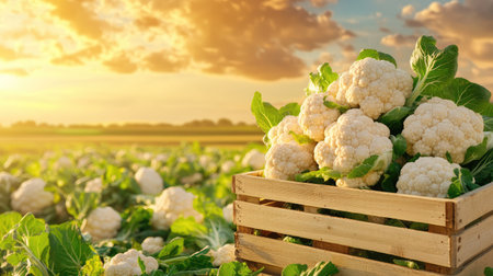 This captivating image showcases freshly harvested cauliflowers in a wooden crate, set against a stunning rural landscape. With a warm sunset illuminating the field, this scene highlights the beauty of farm life and the bounty of nature. Perfect for agriculture and food-related themes.の素材