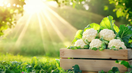 A beautiful arrangement of fresh cauliflowers in a wooden crate captures the essence of harvest season, enhanced by warm sunlight and lush greenery.の素材
