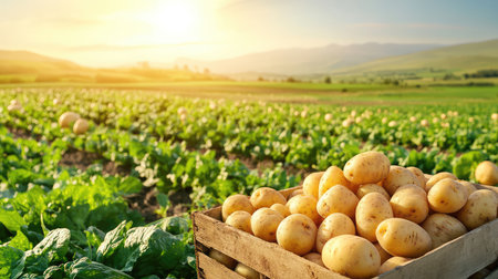 A beautiful scene showcasing freshly harvested potatoes in a wooden crate set against a lush green farm field at sunrise, highlighting agricultural beauty.の素材
