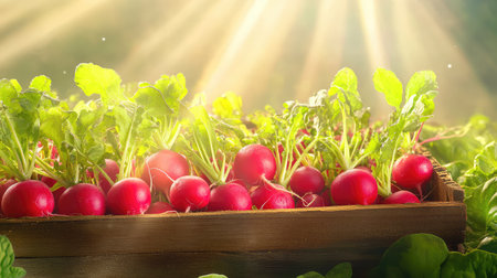 A beautiful display of freshly harvested radishes in a rustic wooden crate, illuminated by warm sunlight filtering through lush greenery. Perfect for showcasing freshness and organic farming.の素材