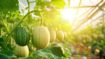 Lush melons grow on robust vines in a well-lit greenhouse, showcasing a vibrant agricultural scene. The light enhances the natural beauty of organic farming.の素材