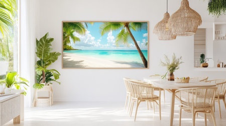 A serene beach scene featuring palm trees and a bright blue sky adorns the wall of a modern minimalistic interior, creating a tranquil atmosphere for relaxation.の素材