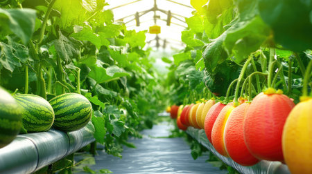 This vibrant image showcases a greenhouse filled with lush watermelon and melon plants, sunlight filtering through the leaves and highlighting the ripe fruits.の素材